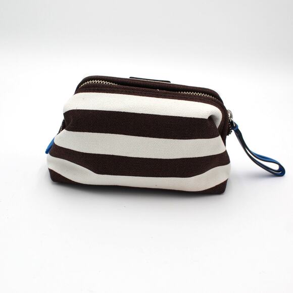 Henri Bendel Cosmetic Bag Brown White Striped Canvas Zip Pouch Travel Makeup - Picture 4 of 8